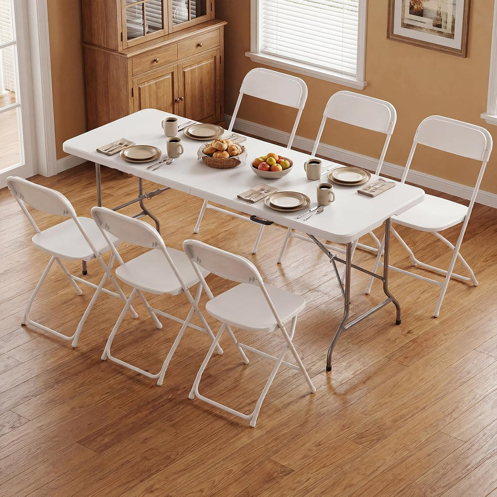 DUMOS 6 FT Folding Picnic Table with 6 Folding Chairs, Easy to Keep, White