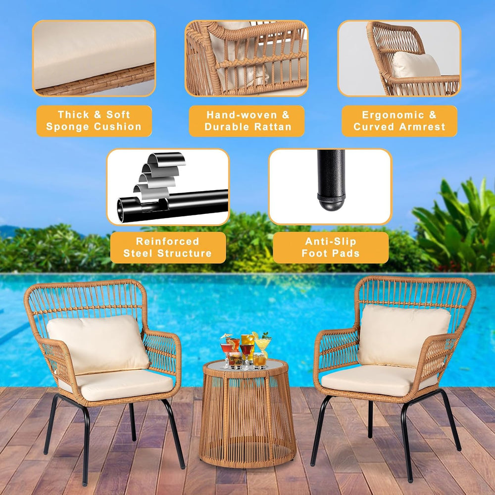 PROHIKER 3 Pieces Outdoor Wicker Bistro Patio Furniture Set, Porch Furniture ...