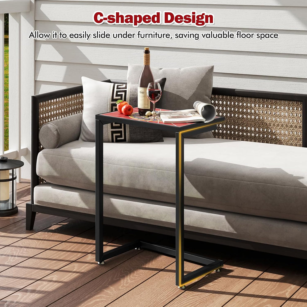GIANTEX Mosaic C-Shaped Outdoor Side Table with Sturdy Metal Frame and Adjust...