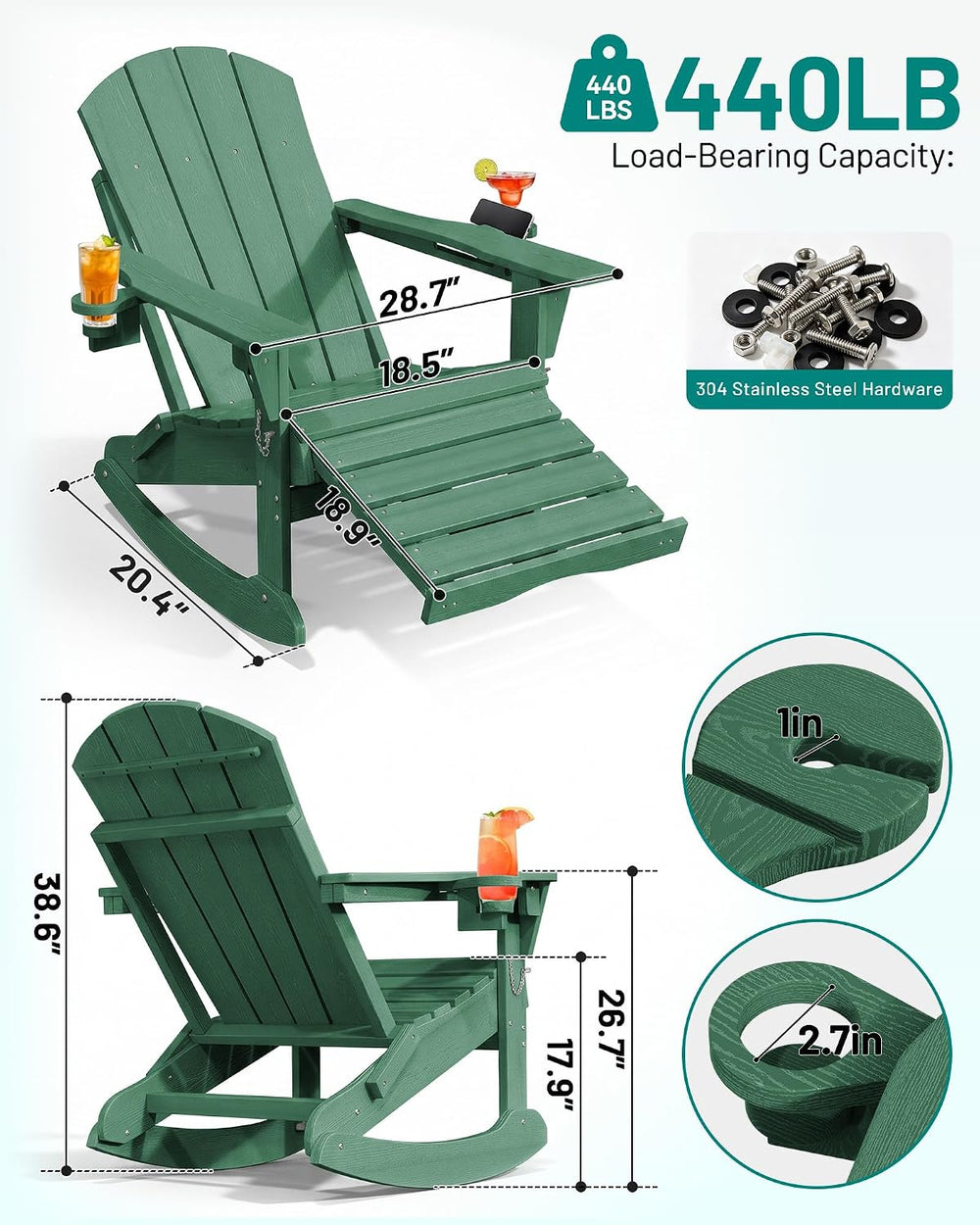 PLUUV Folding Adirondack Rocking Chair with Retractable Ottoman, Green