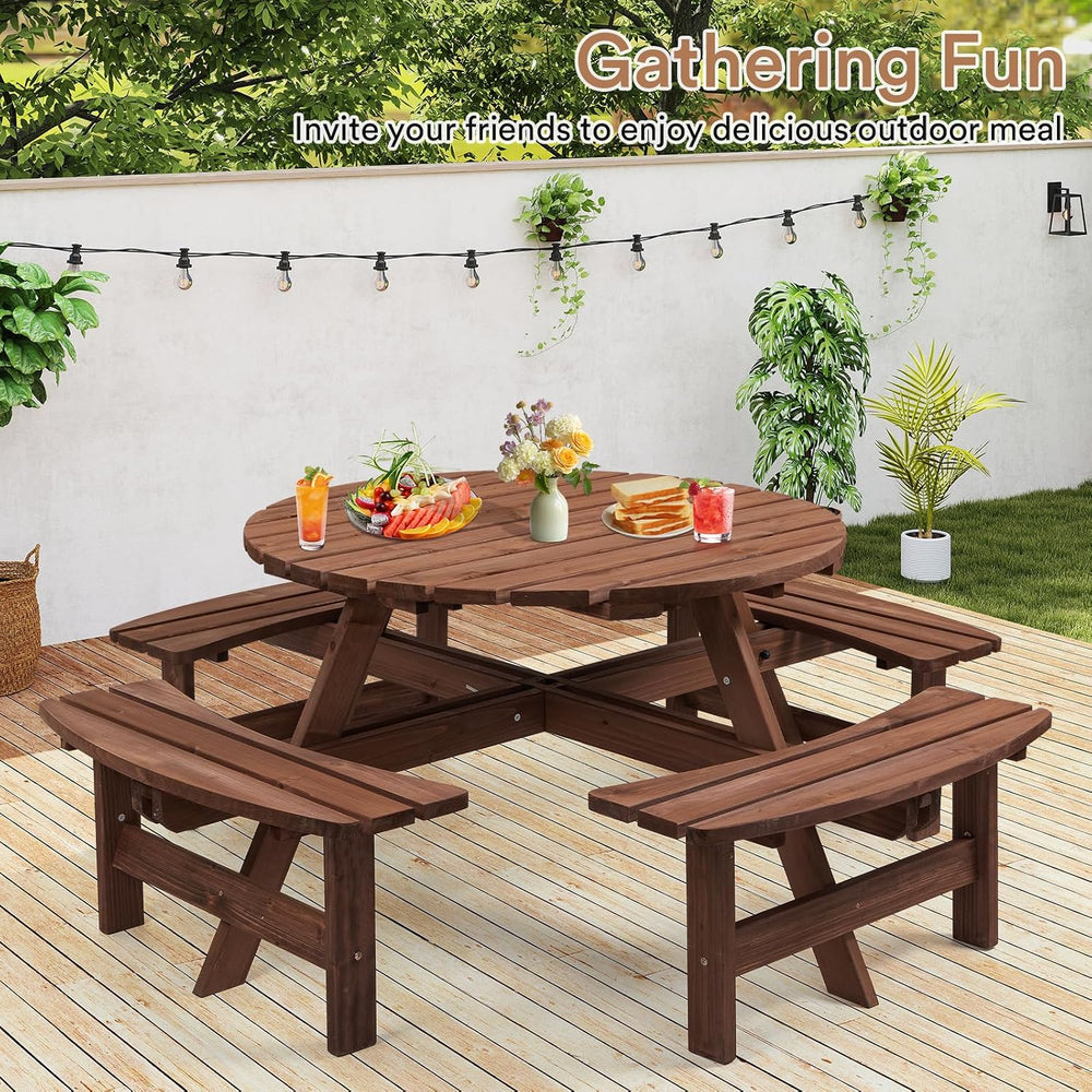 Zevemomo Round Picnic Table Wood for 8 People, Brown
