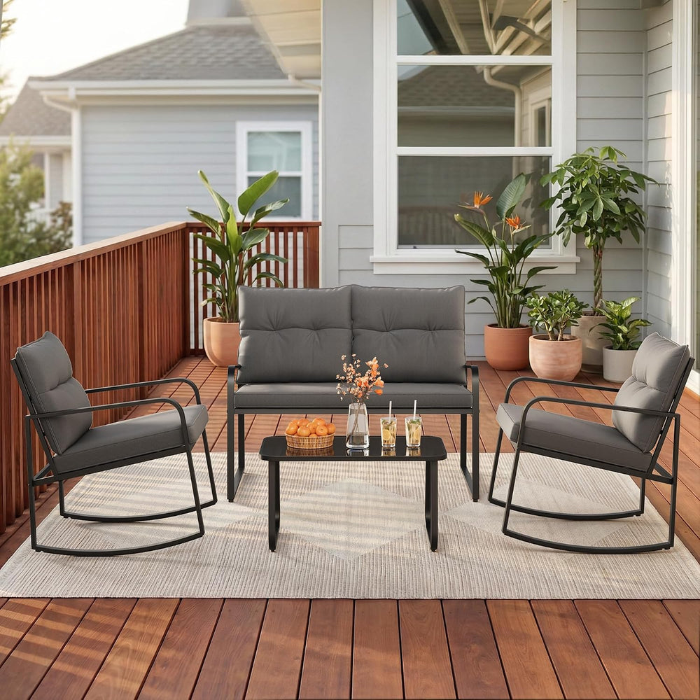 Gizoon 4 Piece Outdoor Rocking Conversation Set, Cushion-Grey