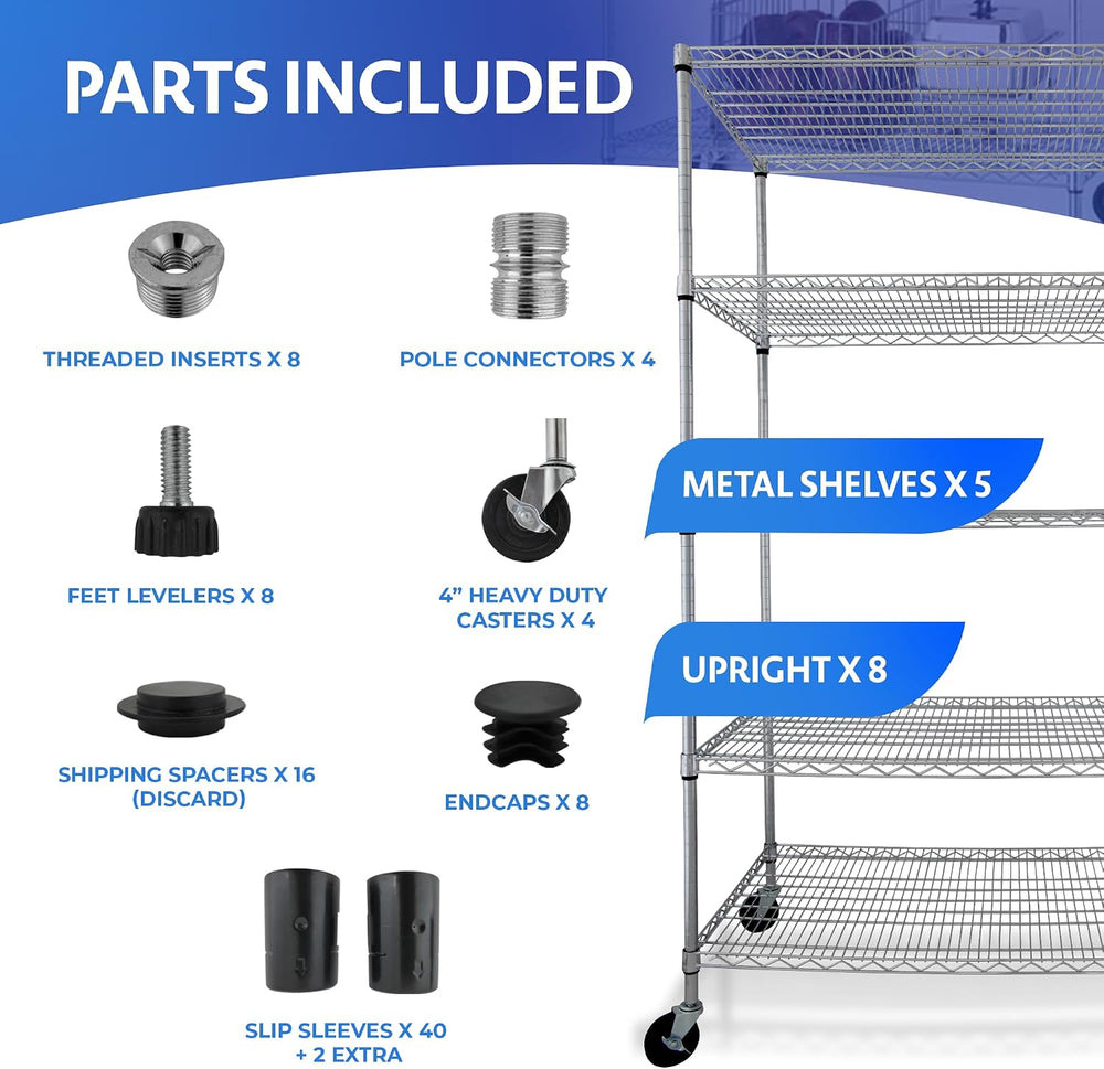 4000 LBS Heavy Duty Wire Rack, 48 x 24 x 76, 5-Tier NSF Commercial Rolling Ra...