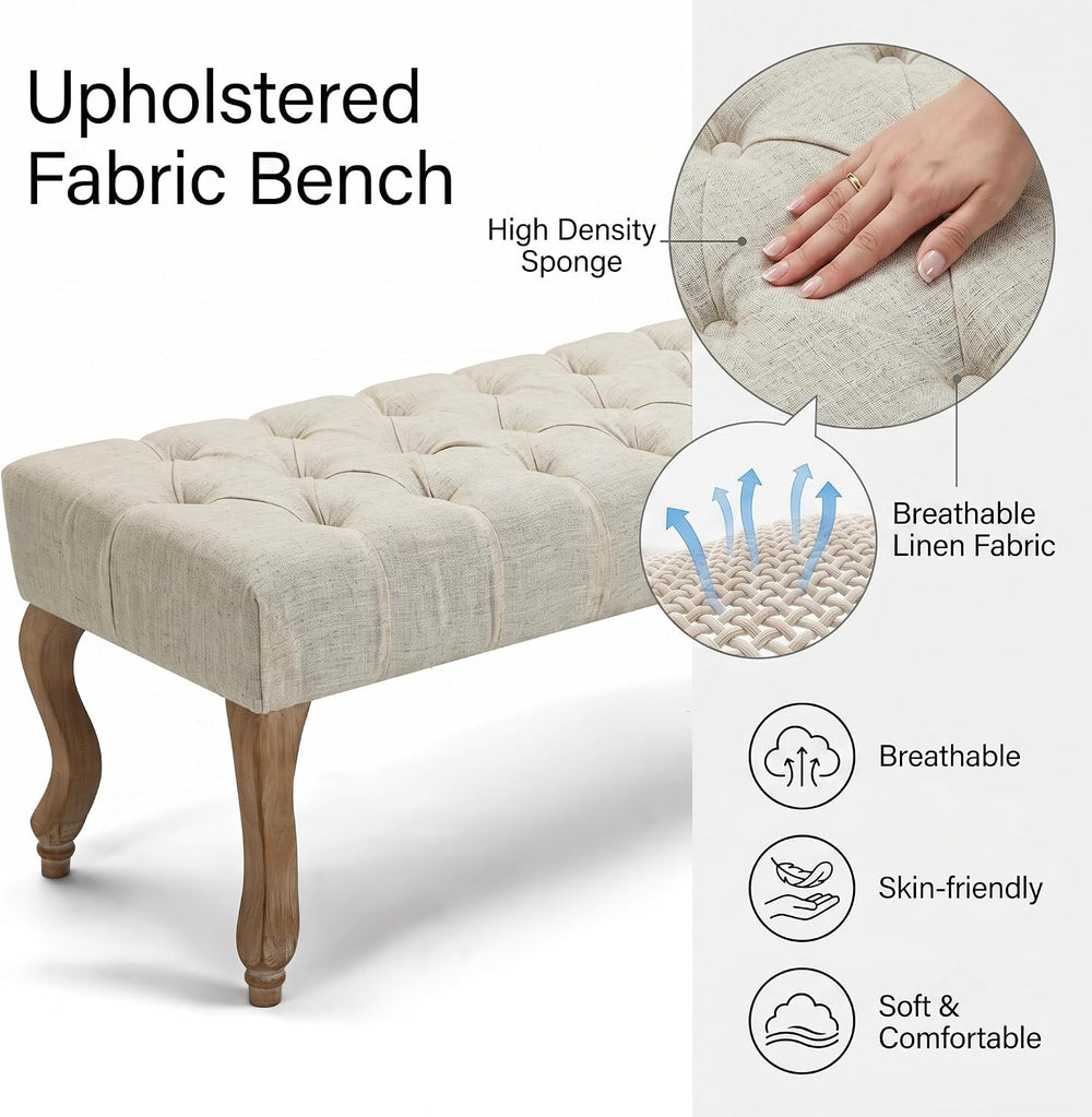 40" Accent Bench, Upholstered Tufted Ottoman Bench French Vintage Entryw...