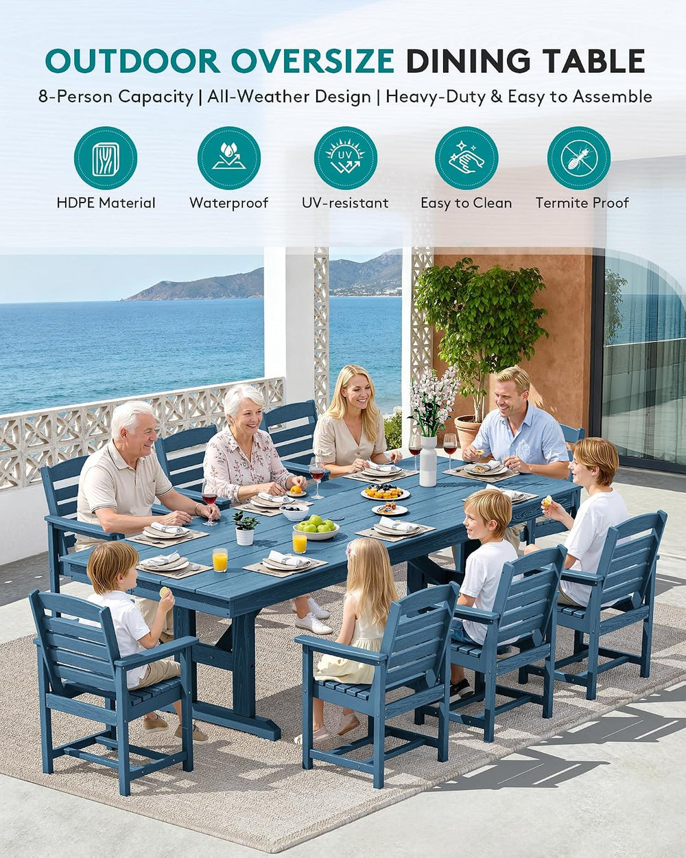 SERWALL 10Pcs 84" HDPE Outdoor Dining Set w/Armchairs & Umbrella,Blue