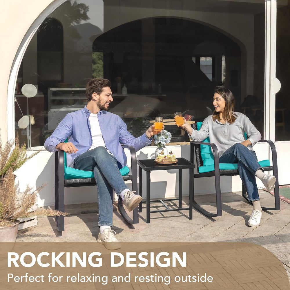 Devoko 3 Pieces Patio Furniture Set Wicker Outdoor Rocking Chair, Blue