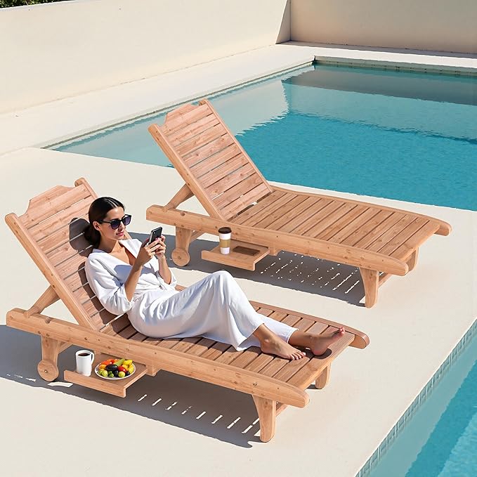 Wooden Chaise Lounge Chair, 3-Position Adjustable Outdoor Tanning Chair with ...