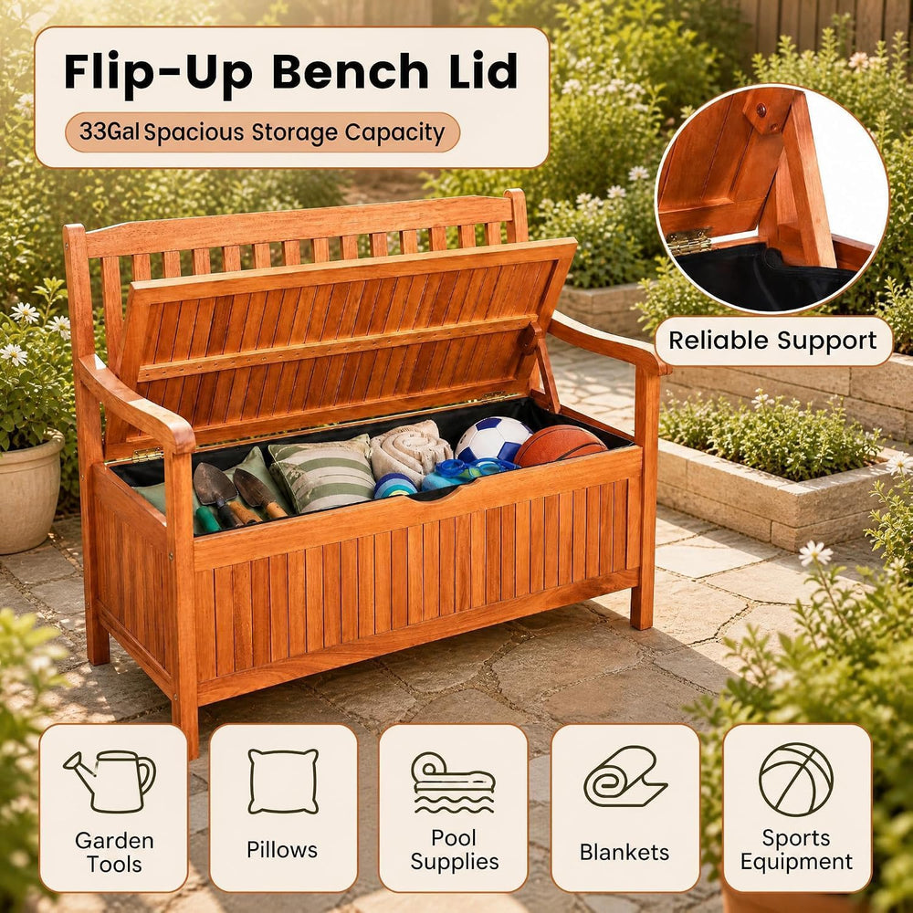 LDAILY 33 Gal Eucalyptus Outdoor Storage Bench, 705 lbs Capacity Deck Box