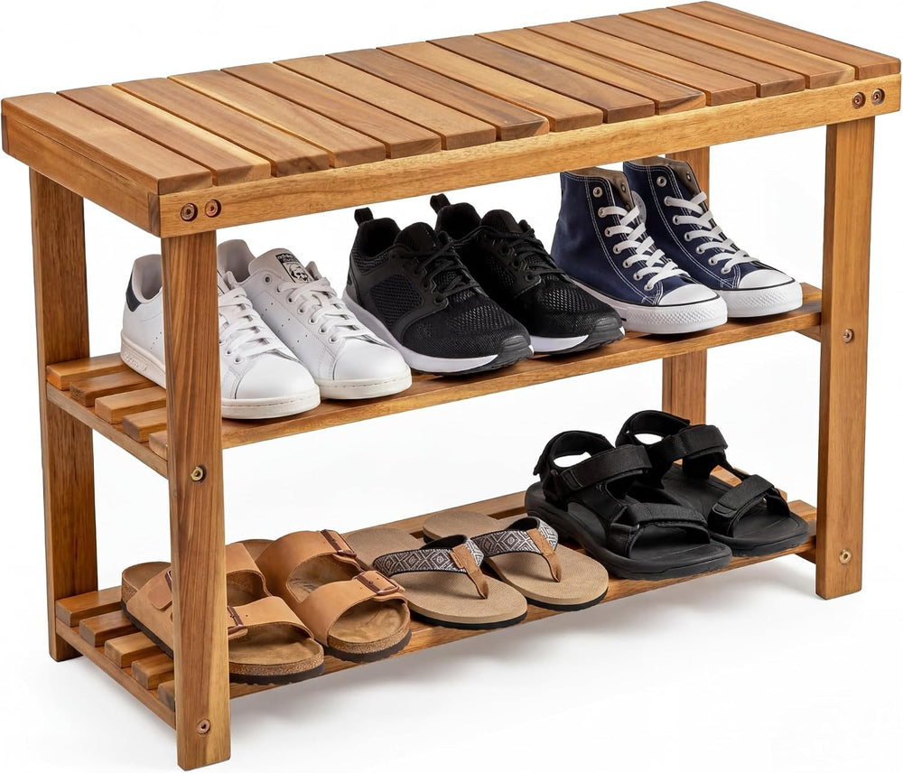 BEEFURNI Acacia Wooden Shoe Rack Bench for Entryway, 3-Tier, Natural