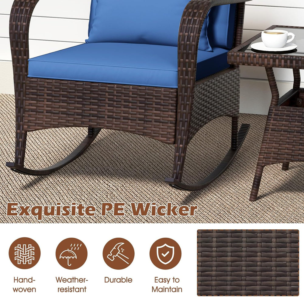 ORALNER 3 Pieces Outdoor Wicker Rocking Chair, Patio Furniture Set (Navy)