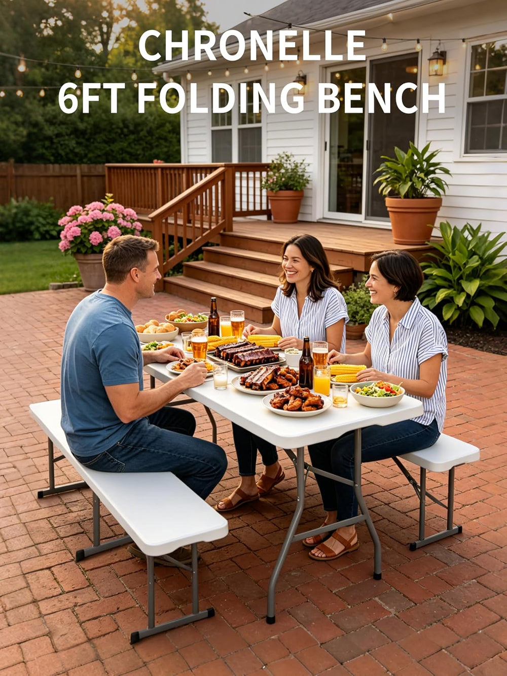 6FT Folding Bench, Fold‑in‑Half with Carrying Handle, 2 Pack