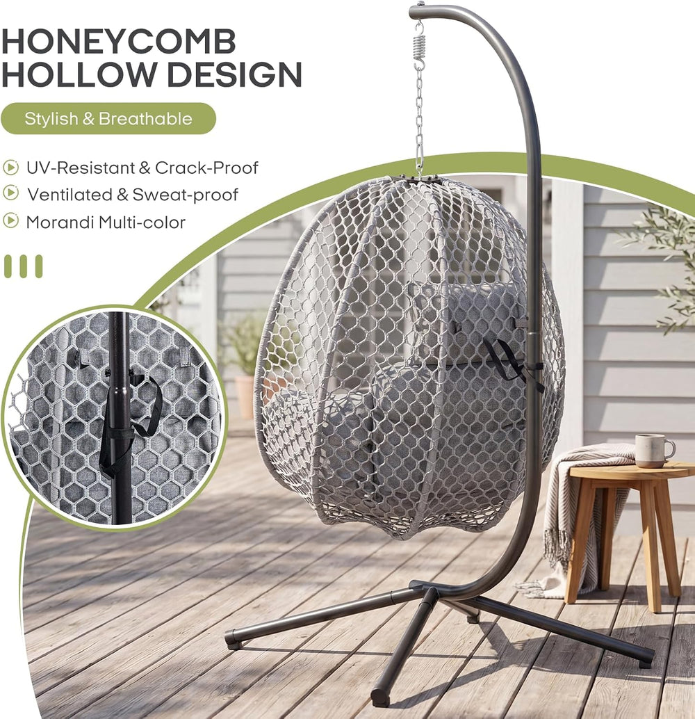 Outdoor Egg Hanging Chair with Stand, Honeycomb Wicker Swing Chair for Patio,...