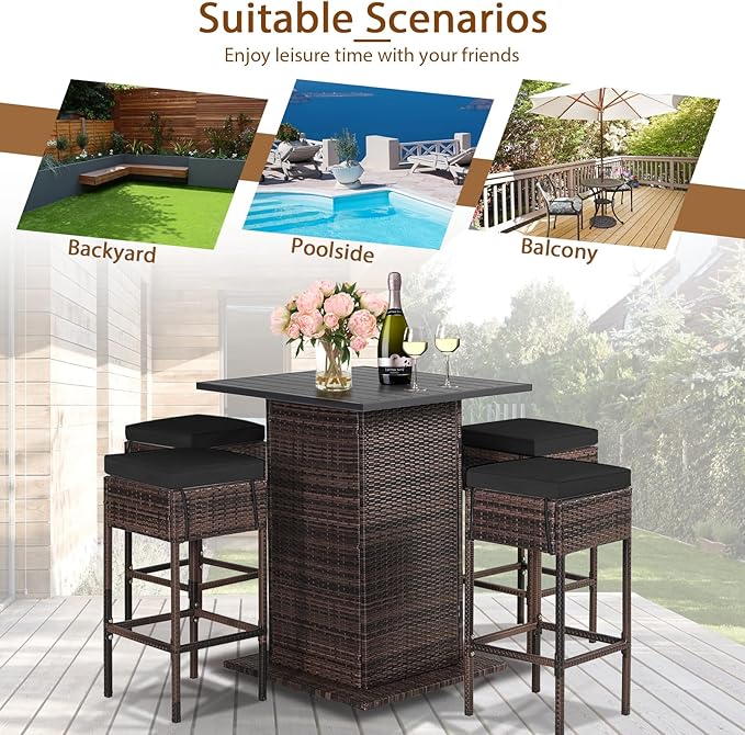 Tangkula 5 Piece Outdoor Rattan Bar Set, Patio Bar Furniture with 4 Cushions ...