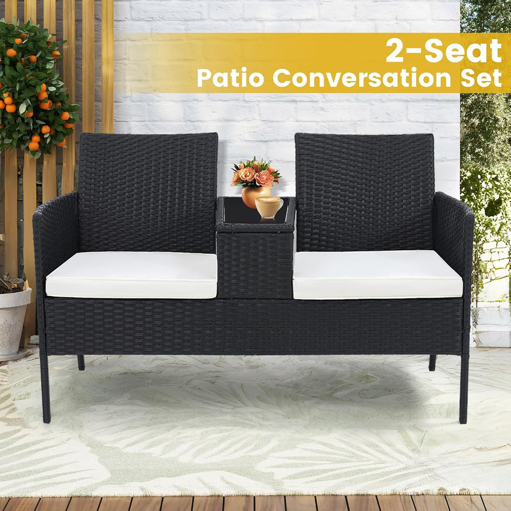 Kromax Wicker 2 Seat Patio Loveseat, Outdoor Rattan Loveseat with Table
