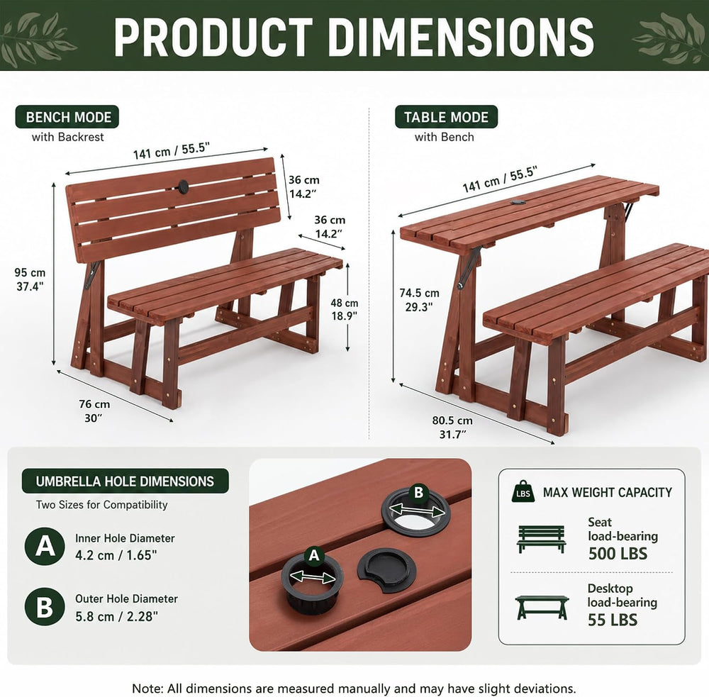 2-IN-1 Convert A Bench Picnic Table Wood Bench to Table With Umbrella Hole
