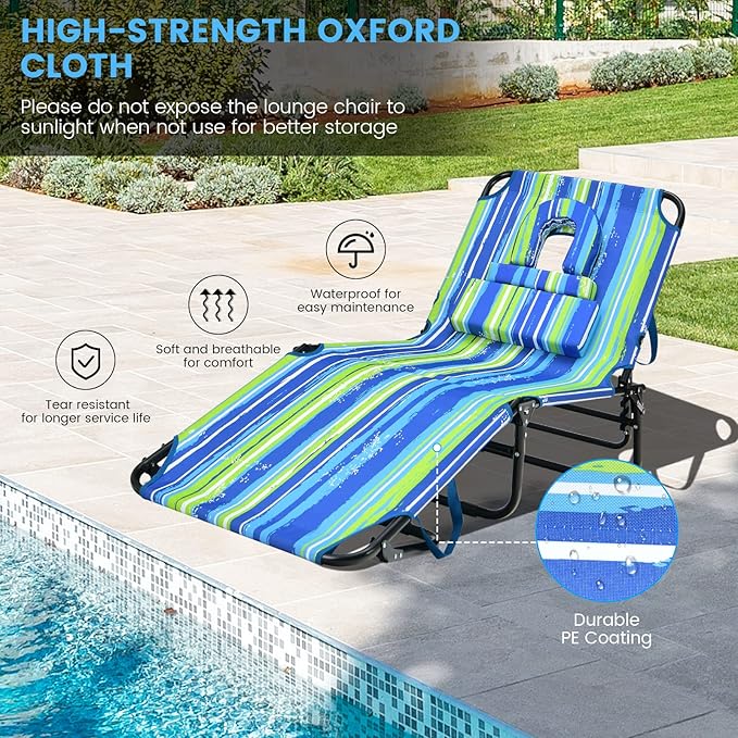 GYMAX Tanning Chair, 350lbs Beach Lounge Chair with Face Hole, Washable Pillo...