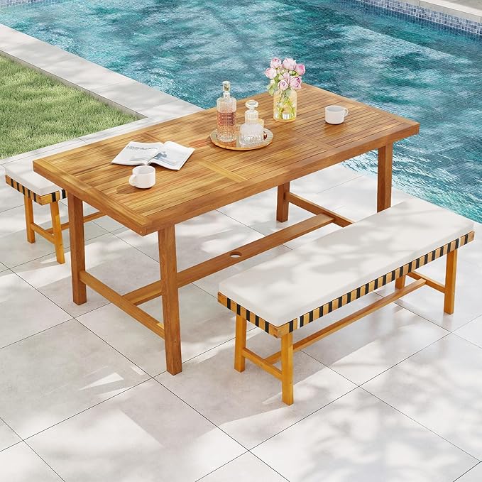 Tangkula 3 Piece Patio Dining Set for 4 People, 63” Outdoor Acacia Wood Recta...