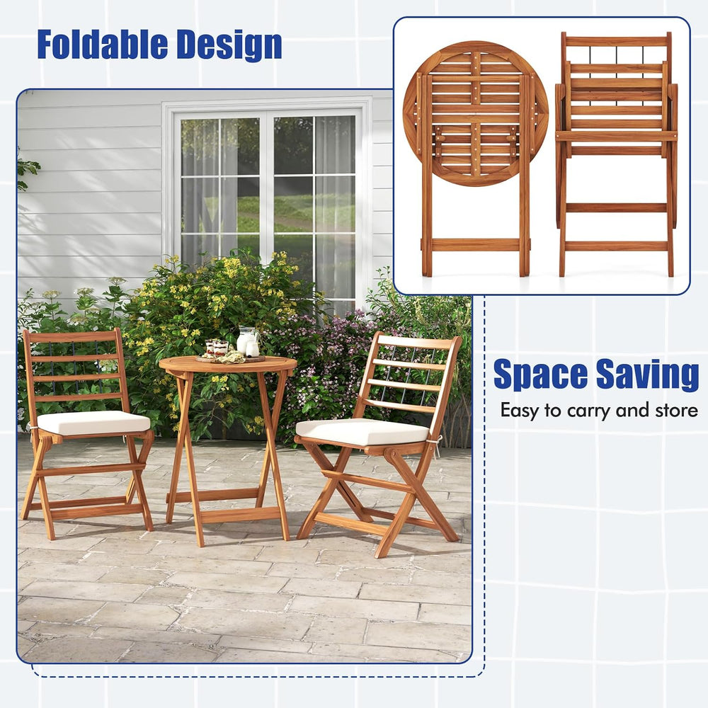ORALNER 3-Piece Folding Patio Bistro Set, Small Outdoor Acacia Wood Balcony F...