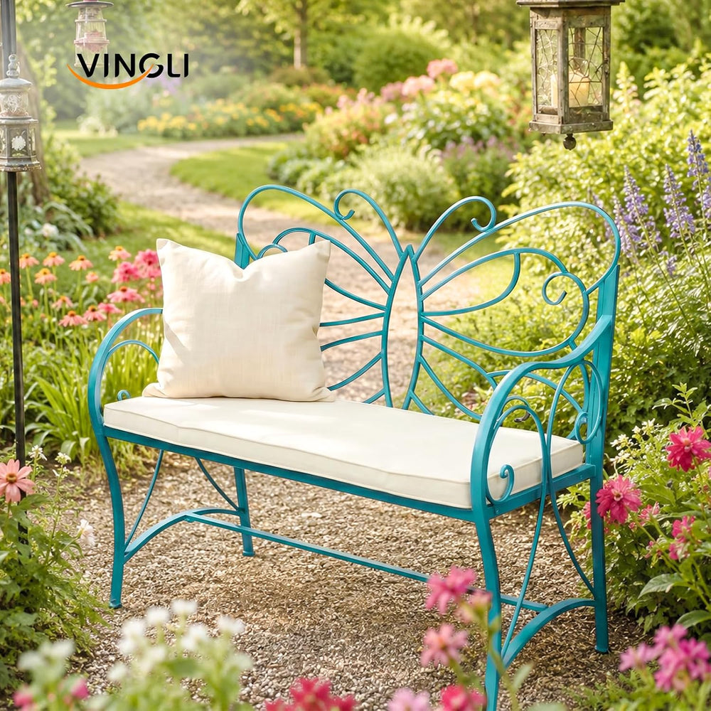 VINGLI 38.7in Cast Iron Outdoor Bench with Cushion, All Weather Resistant Met...