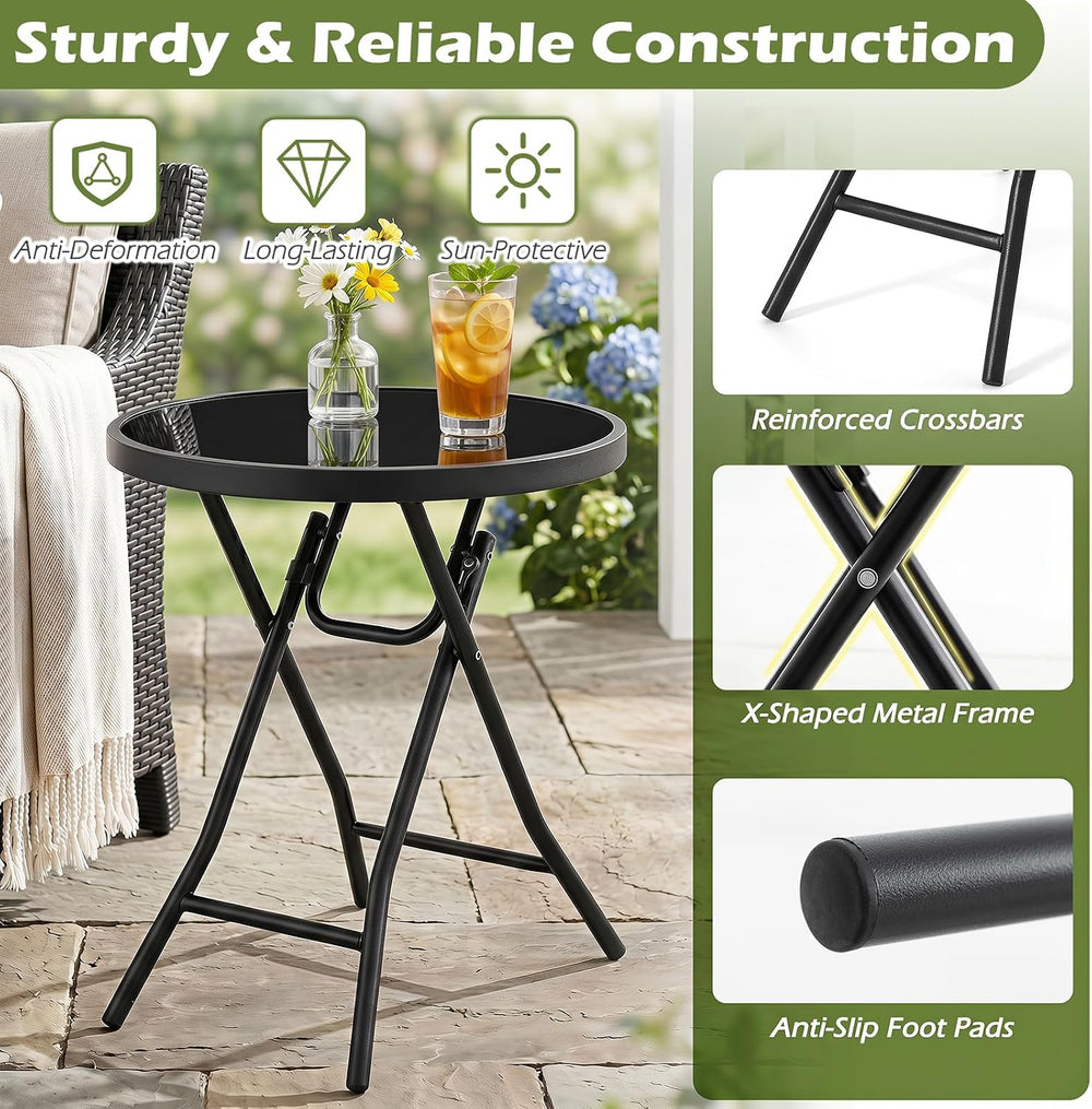 GIANTEX Folding Side Table w/Tempered Glass Tabletop & Metal Frame Set of 2
