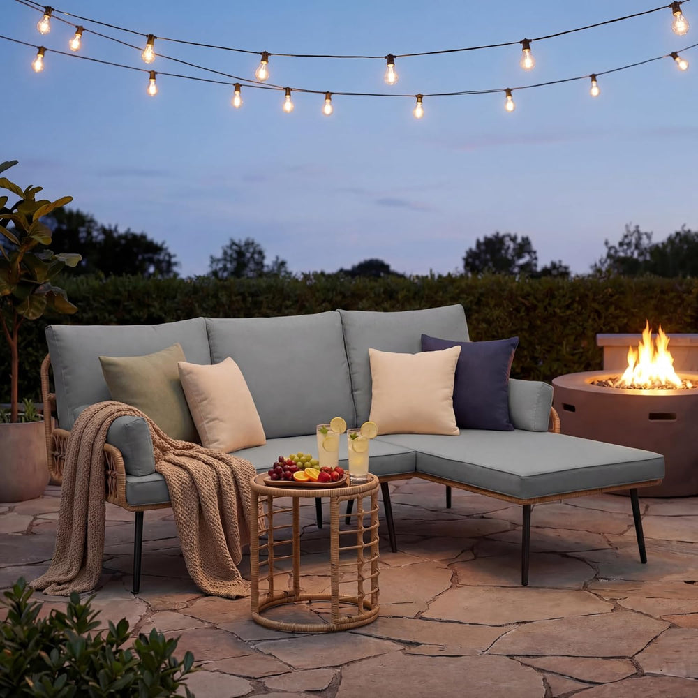 Gizoon 3-Piece Outdoor Patio Furniture Set, PE Wicker L-Shaped Sofa Grey