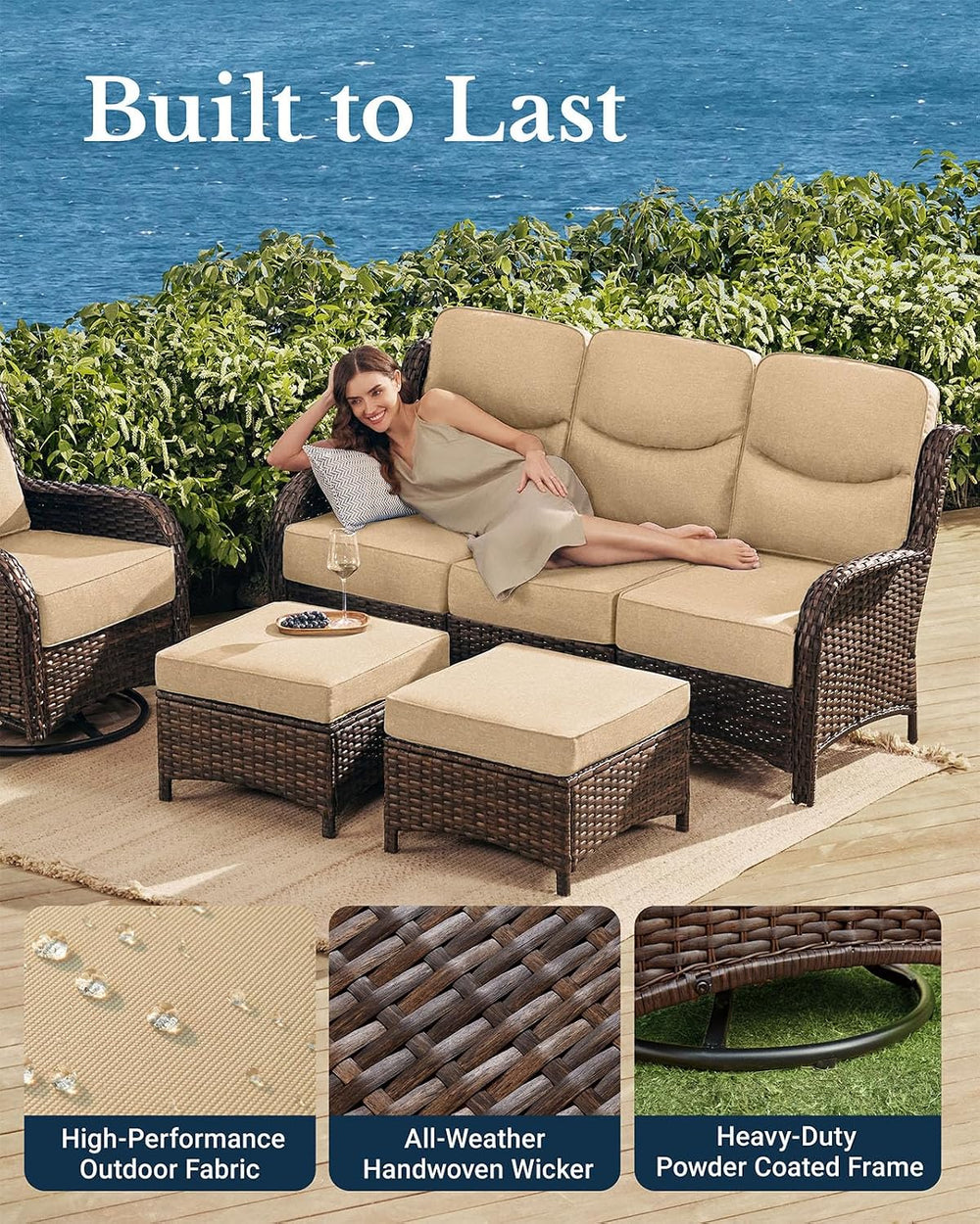 HILLGA Luxury High Back Patio Furniture Set with 6-Inch Thick Cushion