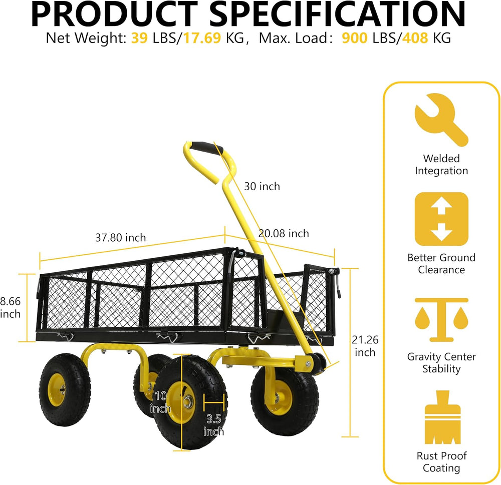 Steel Garden Cart, 2-in-1 Heavy Duty Utility Wagon 900 LBS Capacity Carts wit...