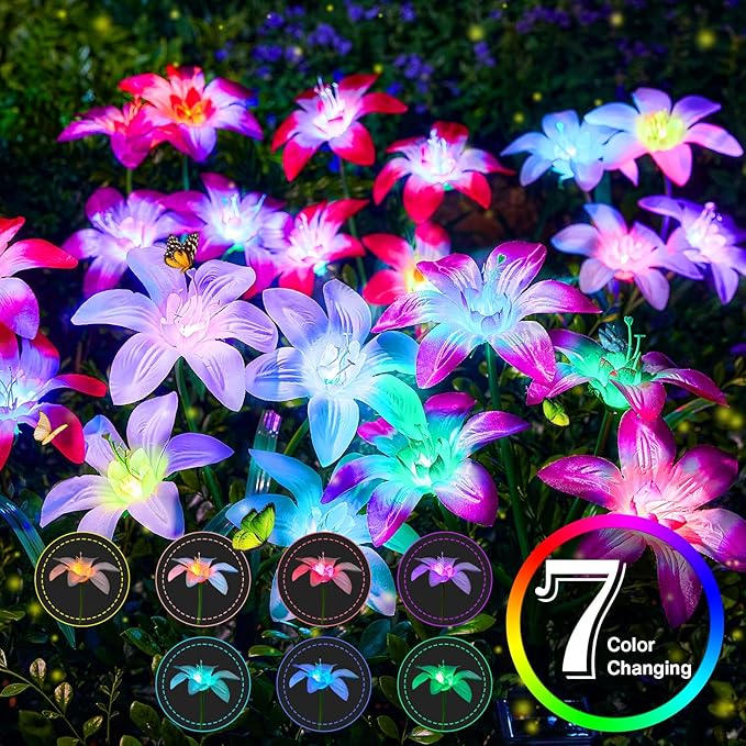 Solar Garden Lights Outdoor, 8 Pack Blooming Lily Solar Flowers Outdoor Water...