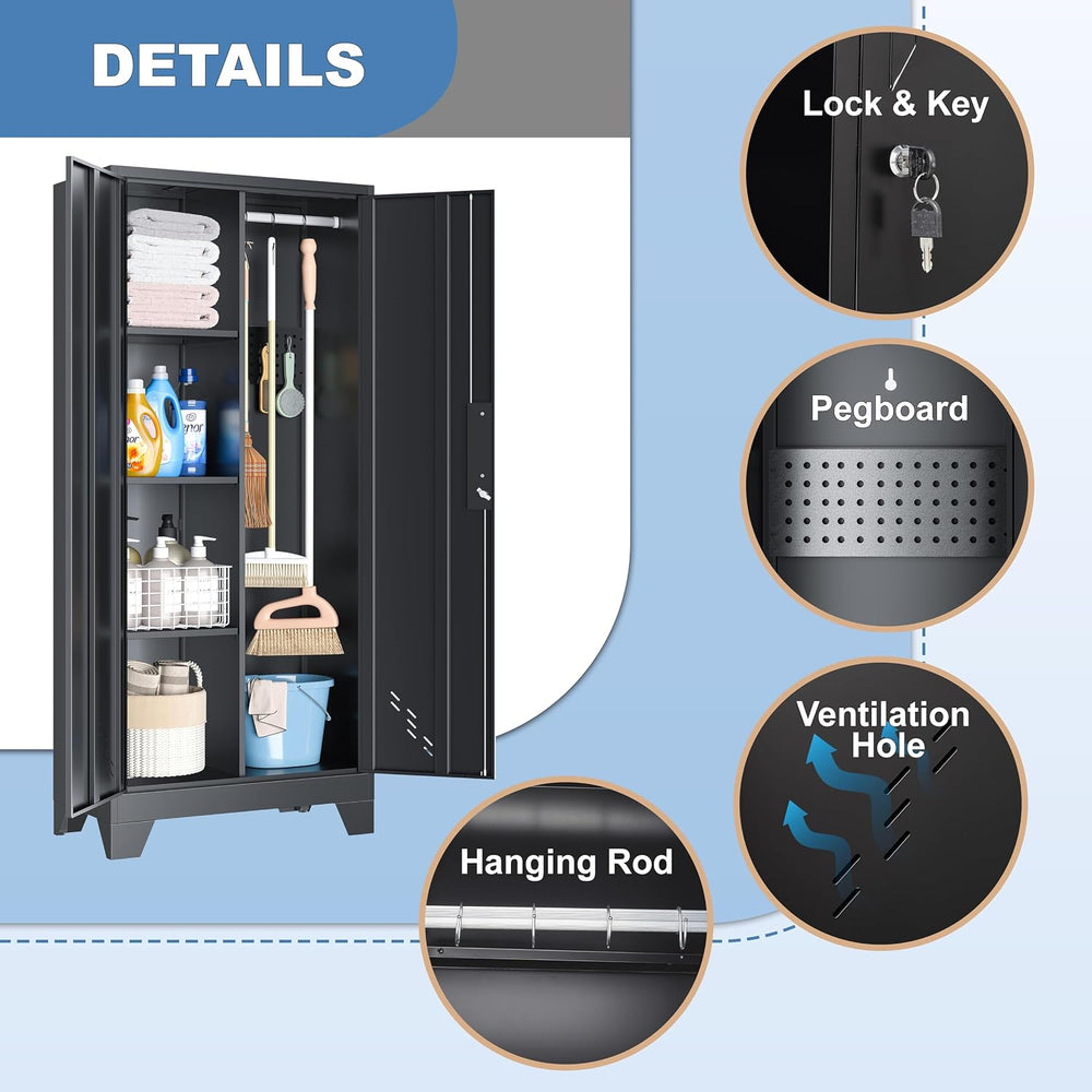 VASAAOSD 61" Broom Closet Storage Cabinet, Metal Garage Utility Cabinets