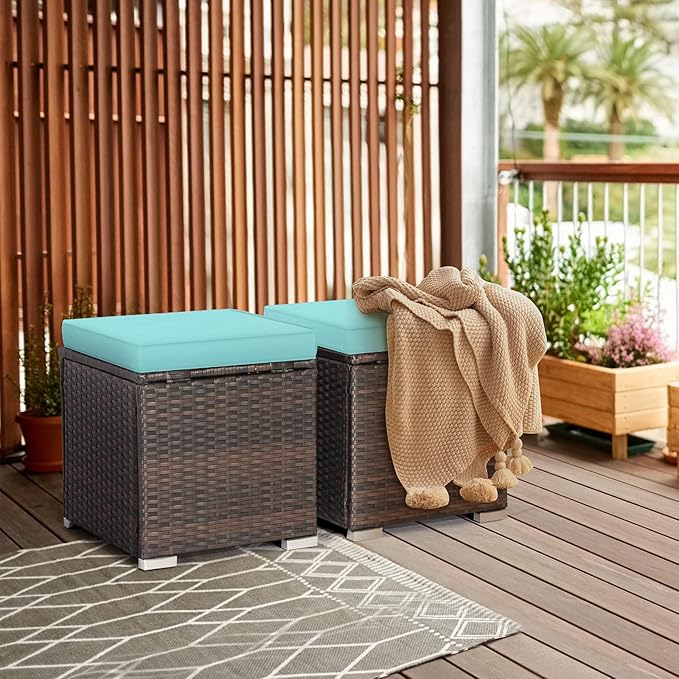 RELAX4LIFE Wicker Outdoor Storage Ottoman, 2-Piece Rattan Footstool w/Removab...