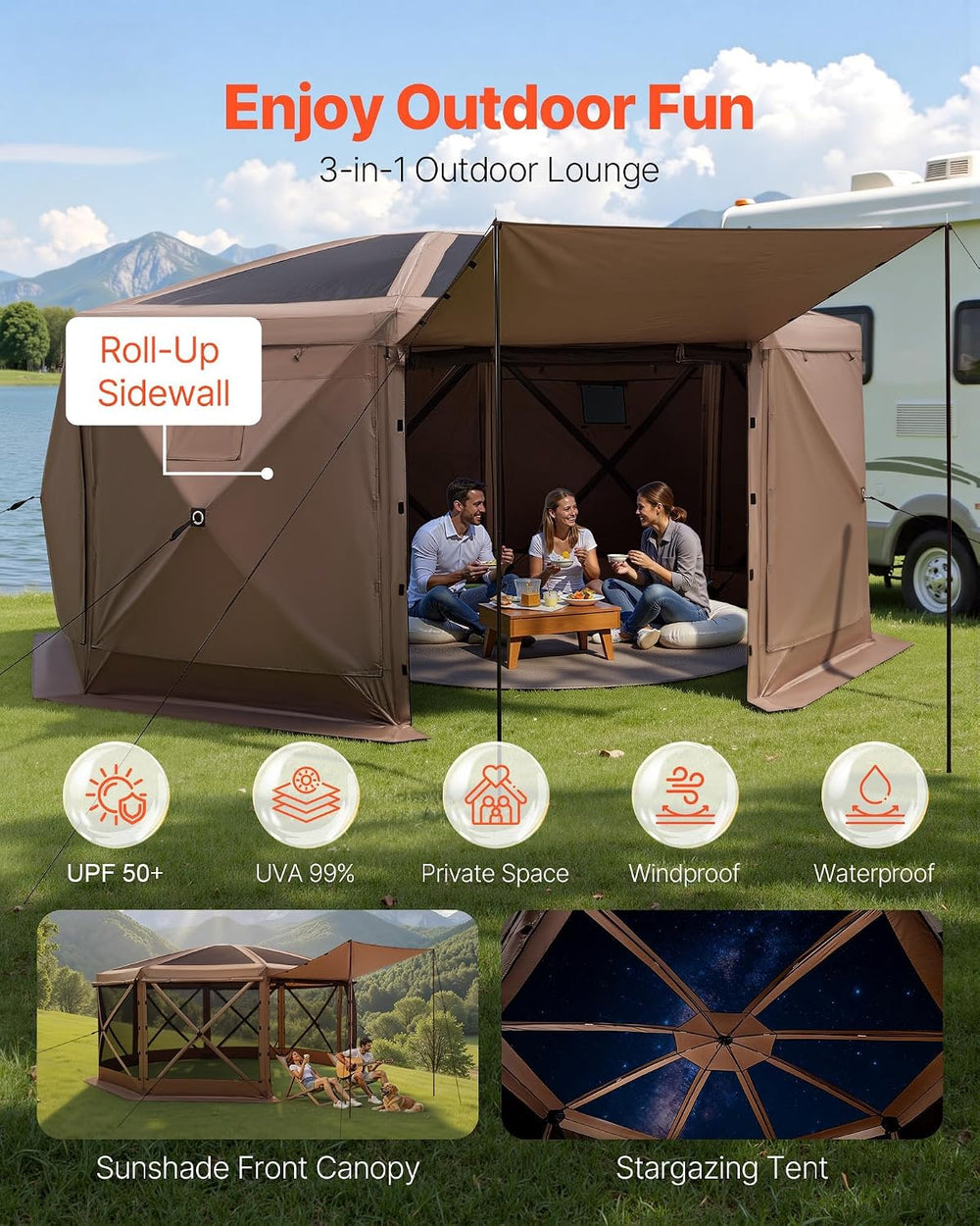 VEVOR Pop up Gazebo Screen Tent, 15 x 15 ft Large 8-Sided Camping Canopy Tent...