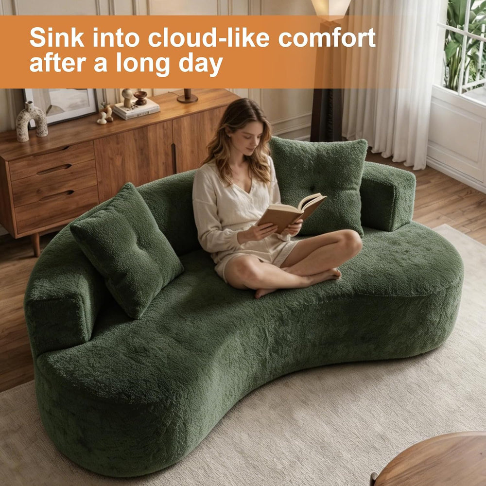Boucle Curved Sofa 79.5" with 2 Pillows, 3-Seater Curved Couch