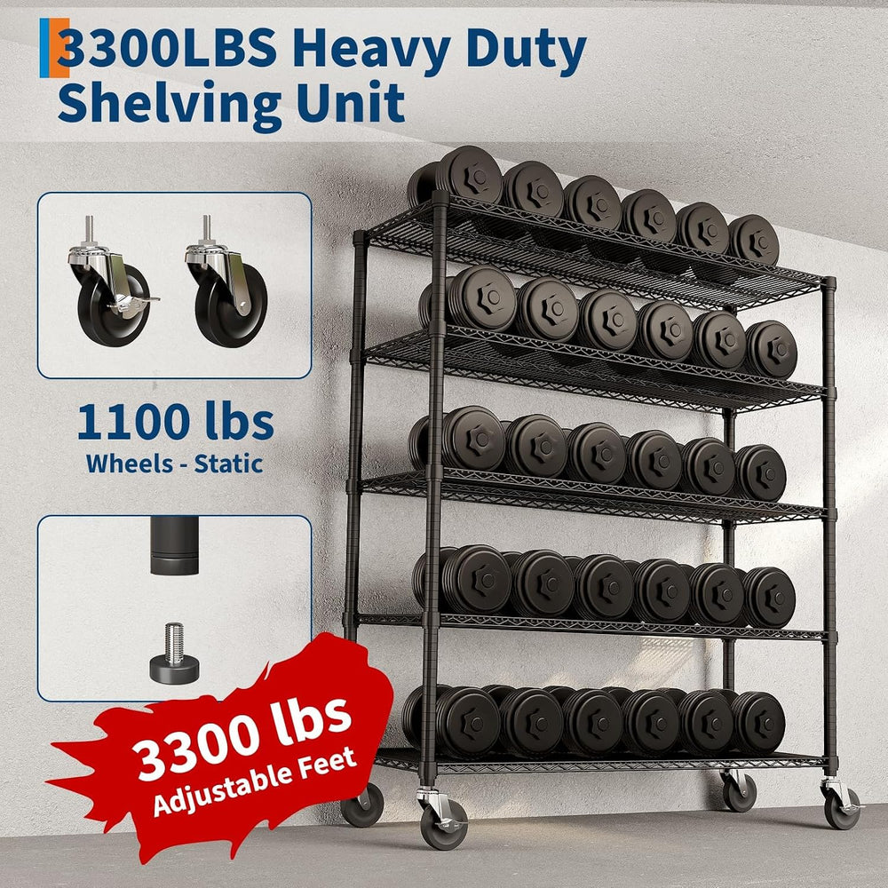 Garvee 3300LBS Wire Shelving with Wheels, 5-Tier Garage Shelving Heavy Duty