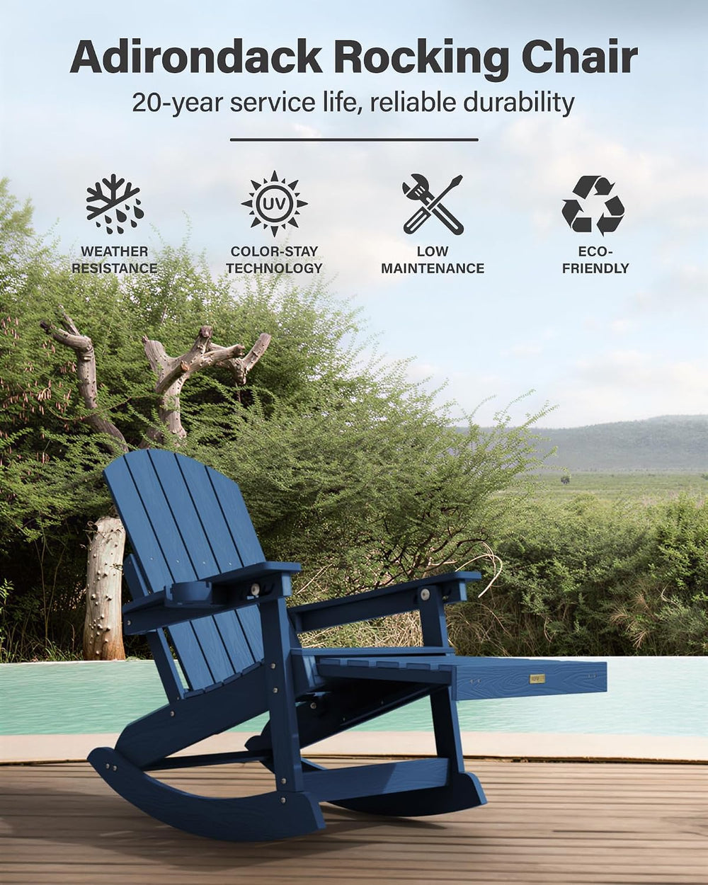 YEFU Adirondack Rocking Chairs Set of 4, with Footrest, 5-Level Adjustable