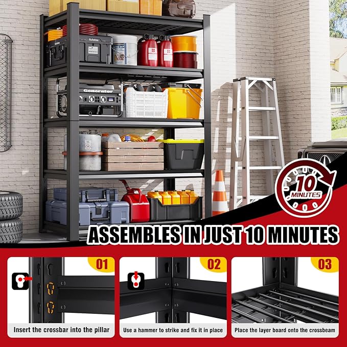 Set of 4 Garage Shelving-3000 lbs 5 Tier Storage Shelves,Adjustable Heavy Dut...