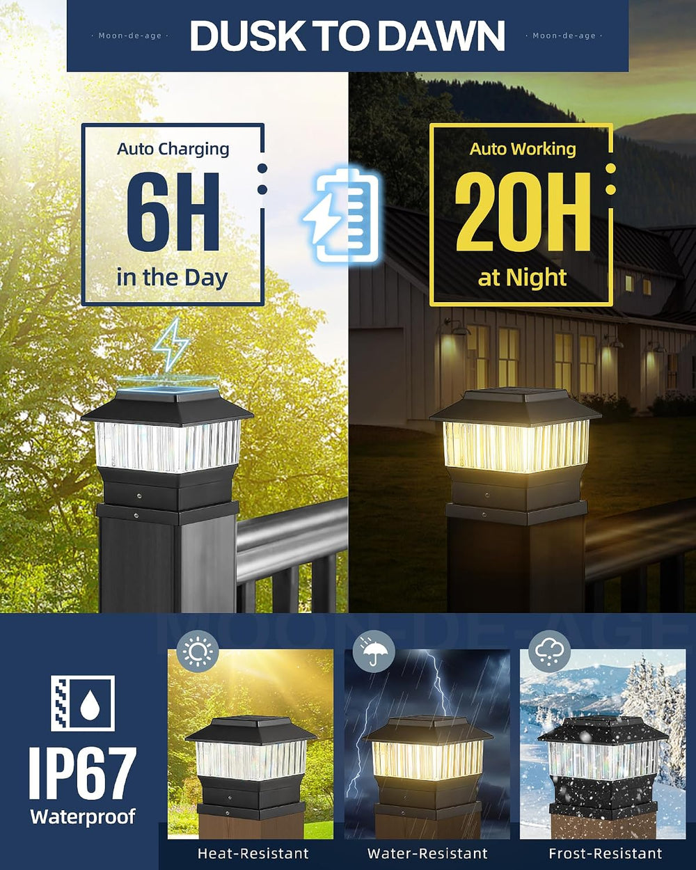 3.5x3.5 Solar Post Cap Lights, 3 Modes, Black, 6 Pack