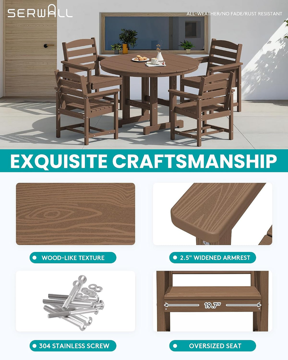 SERWALL 6-Pc Dining Set, 45" Table, 4 Chairs&9FT Umbrella, Brown (No...