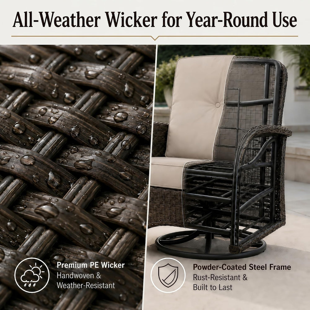 3 Piece Wicker Patio Swivel Rocker Set with Table, Brown/Beige