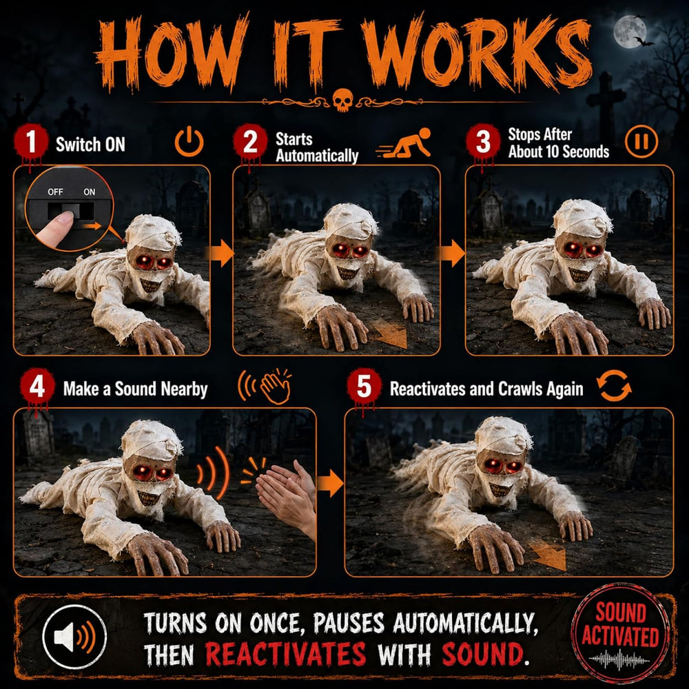 Sound Activated Crawling Mummy Halloween Decoration, Skeleton Face Prop