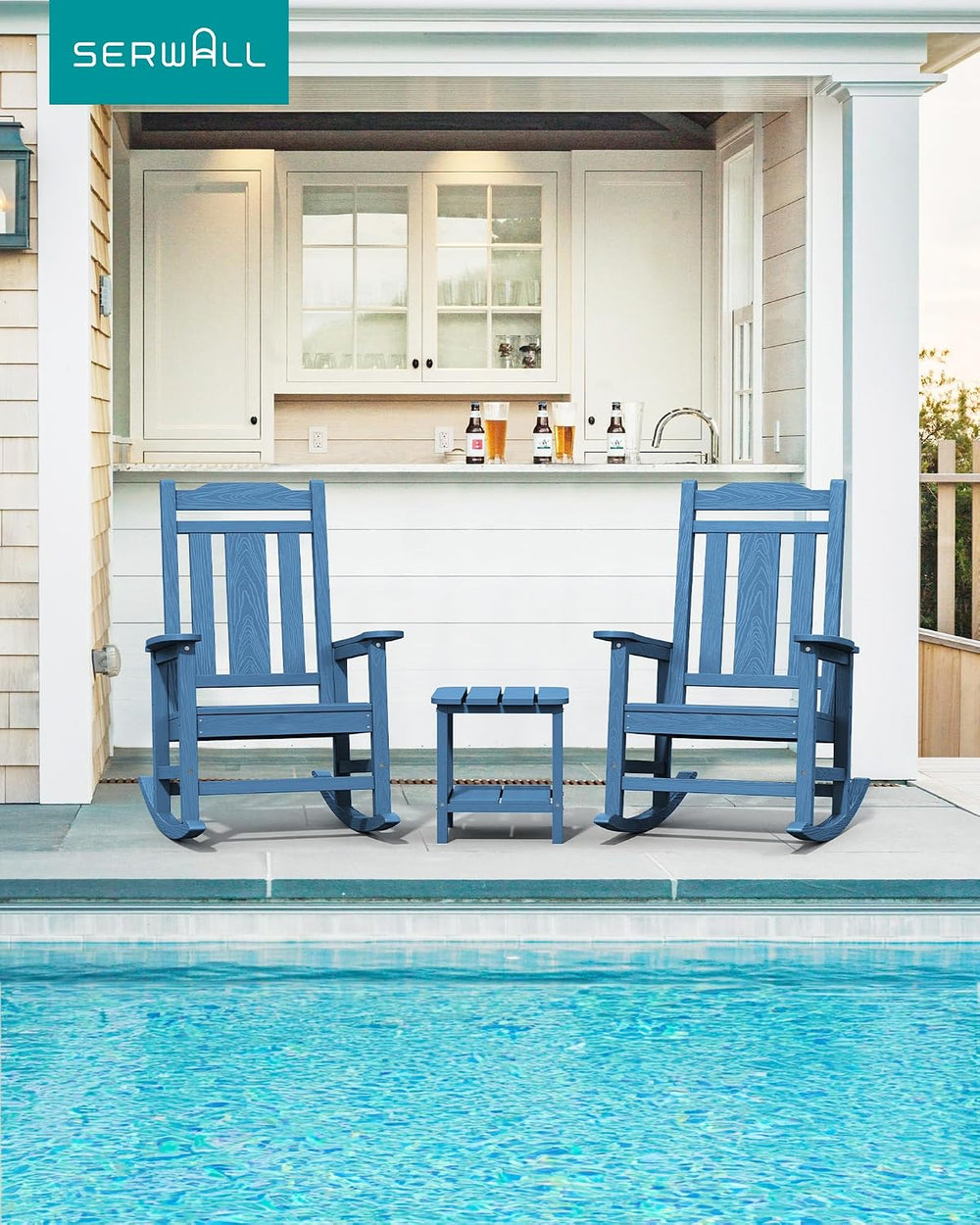 SERWALL HDPE Oversized Outdoor Rocking Chair, Patio Rocking Chair, Blue