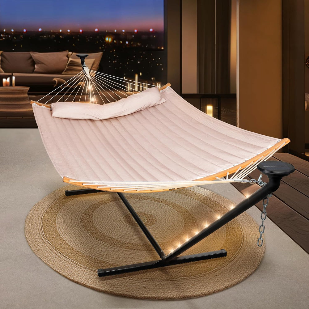 Hammocks Outdoor 2 Person Hammock with Solar Powered Lights, Tan