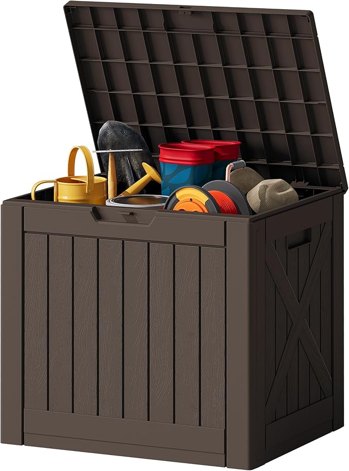 JUMMICO 42 Gallon Deck Box Waterproof, Resin Outdoor Storage Box with Side Ha...
