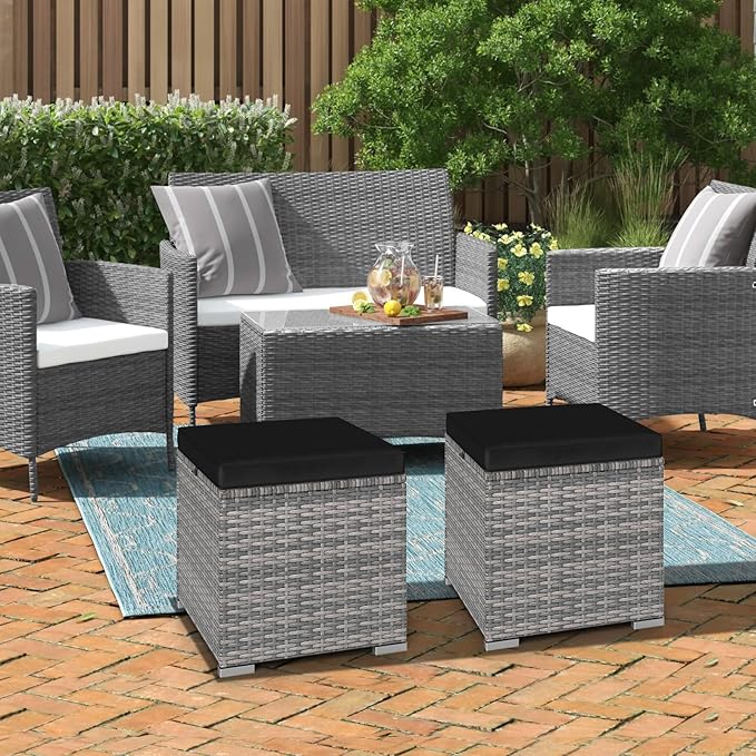 RELAX4LIFE Wicker Outdoor Storage Ottoman - 2-Piece Rattan Footstool w/Remova...