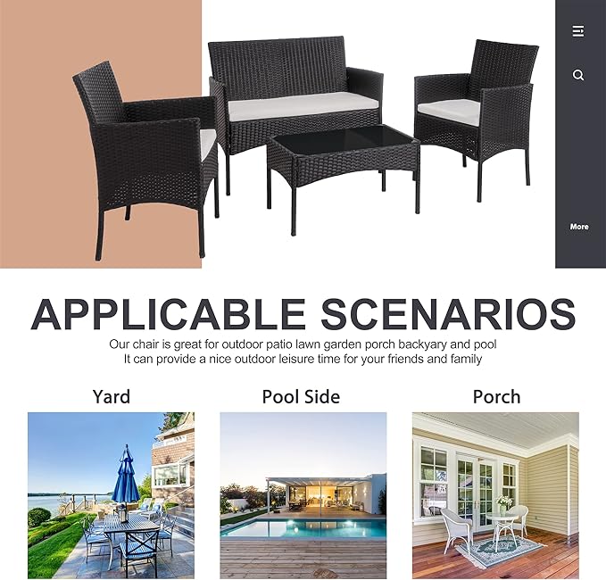 Shintenchi 4 Piece Outdoor Patio Furniture Sets, Small Wicker Patio Conversat...