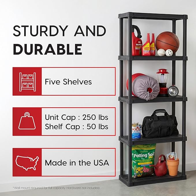 IRIS USA 5-Shelf Light Duty Plastic Storage Shelves, 250lb Capacity, 64"...