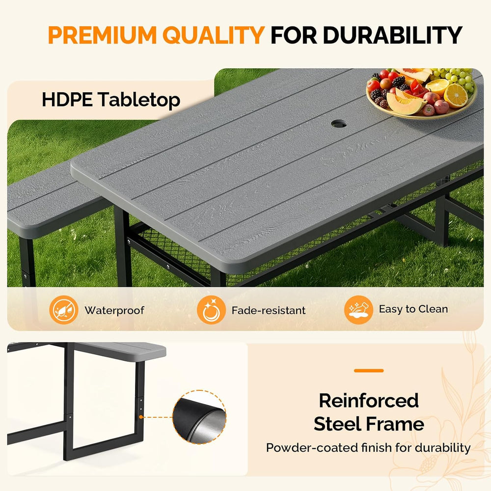 VINGLI 4.5FT Outdoor Picnic Table with Storage Shelf & Umbrella Hole, All...