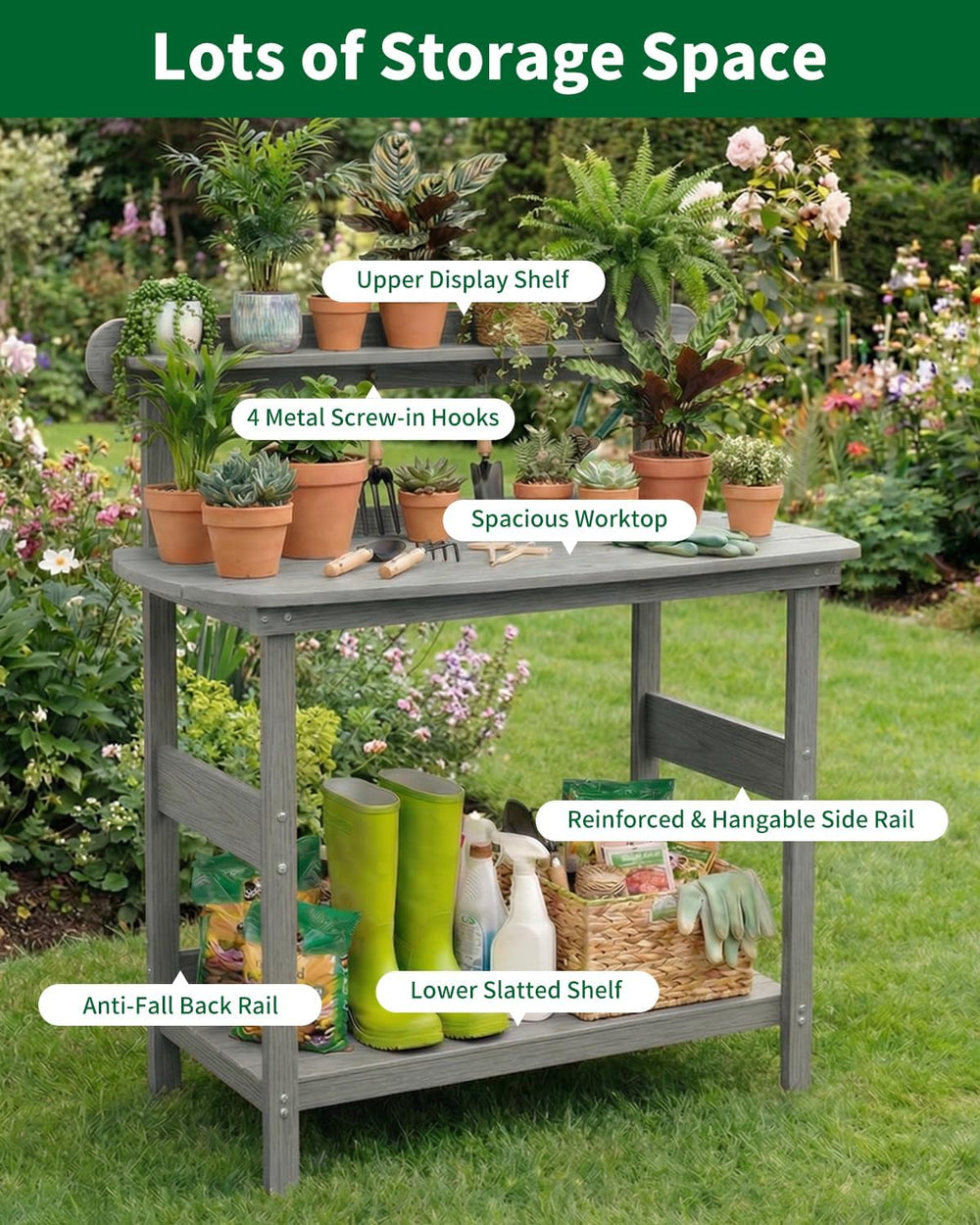 HIPS Outdoor Potting Table Bench with 3-Tier Storage Gray