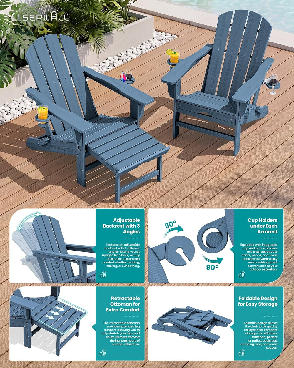 SERWALL HDPE Folding Adjustable Adirondack Chair with Footrest, Blue