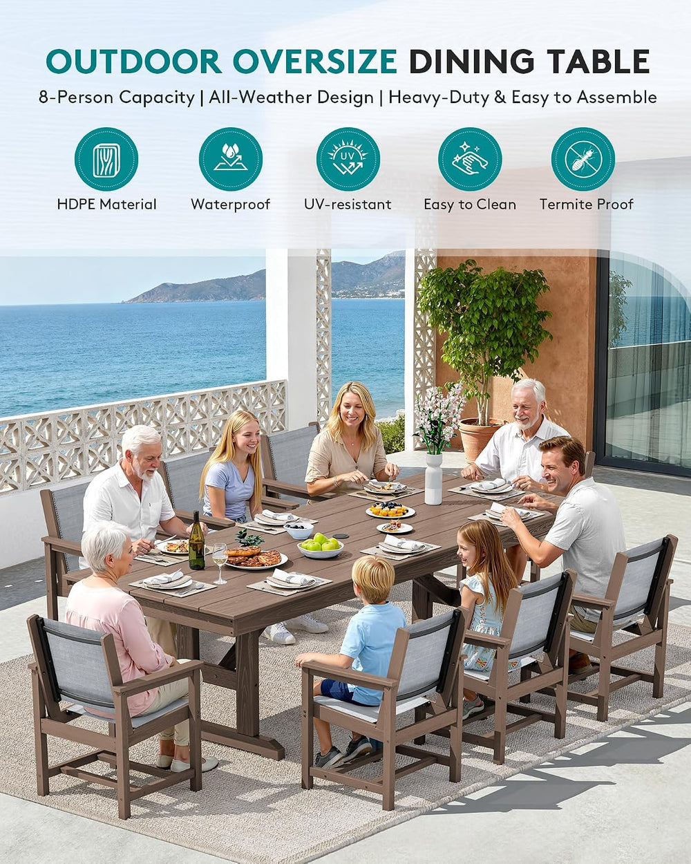 SERWALL 9Pcs HDPE Outdoor Dining Set for 8 with Sling Chairs, Brown