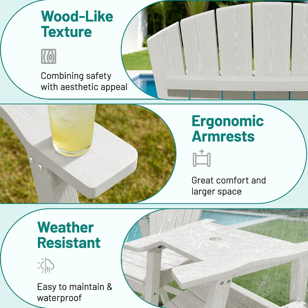 PLUUV Tall Adirondack Chairs Set of 2 with Double Connecting Trays, White